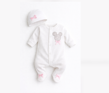 Costum botez - Set salopeta, caciula si manusi, Bumbac pieptanat, Minnie, Alb