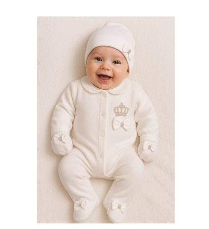 Set nou nascut - Set salopeta, caciula si manusi, Bumbac pieptanat, Alb