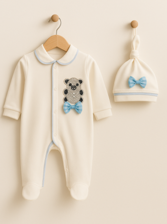 Costum botez - Set salopeta cu caciula, Bumbac pieptanat, Alb Albastru
