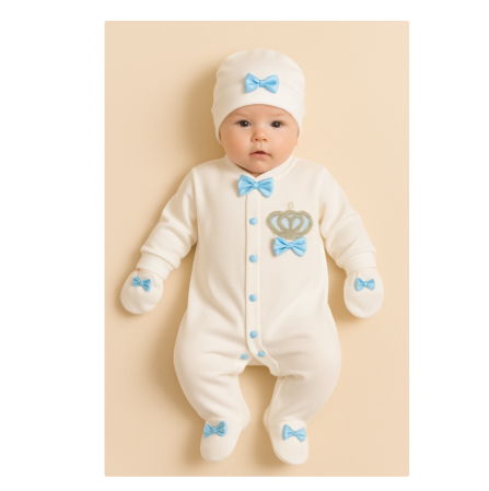 Costumase - Set salopeta, caciula si manusi, Bumbac pieptanat, Alb Albastru