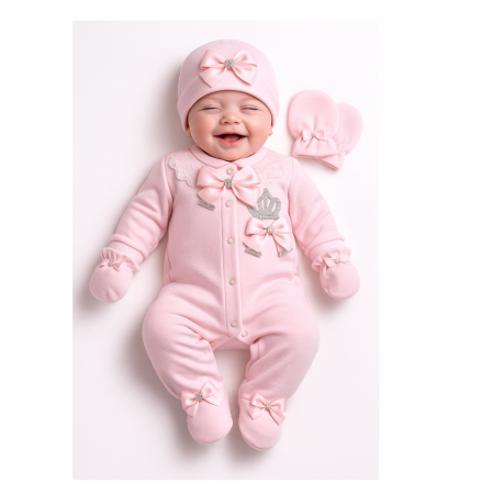 Set nou nascut - Set salopeta, caciula si manusi, Bumbac pieptanat, Roz