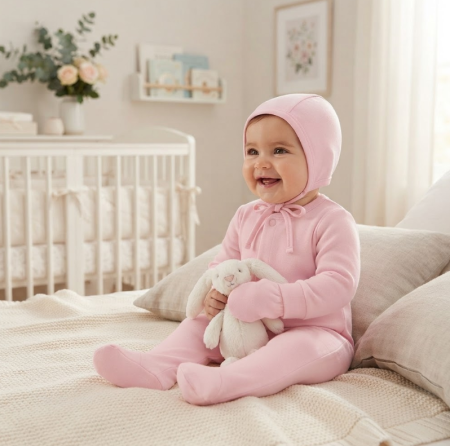 Haine bebe fetite - Set salopeta, caciulita si manusi, 0-3 luni, Roz