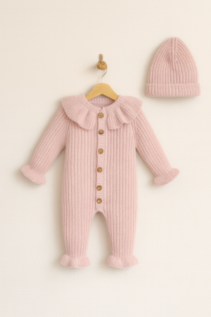 Set salopeta si caciula, tricotate, cu guleras dantelat [1]