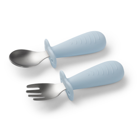 Pentru bebe - Set tacamuri copii, lingurita si furculita inox, albastru, Babyono