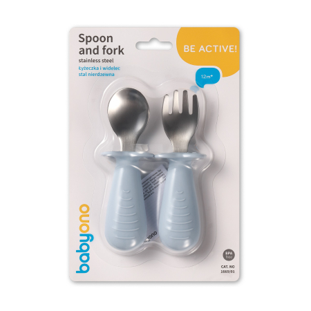 Set tacamuri copii, lingurita si furculita inox, albastru, Babyono [1]
