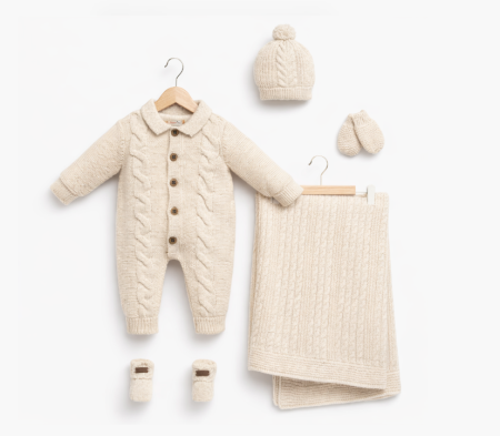Set nou nascut - Set tricotat bebeluși 0–3 luni , salopetă, căciuliță, botoșei și păturică
