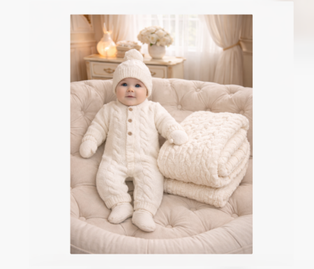 Hainute bumbac organic - Set tricotat bebeluși 0–3 luni , salopetă, căciuliță, botoșei și păturică
