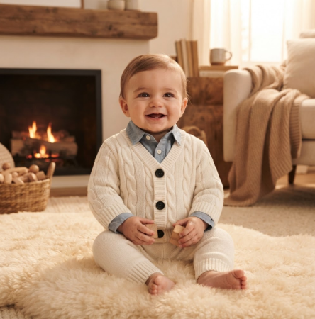 Set nou nascut - Set tricotat pentru bebeluși, din bumbac, cardigan și pantaloni , Alb