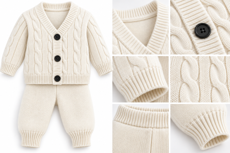 Costum botez - Set tricotat pentru bebeluși, din bumbac, cardigan și pantaloni , Alb