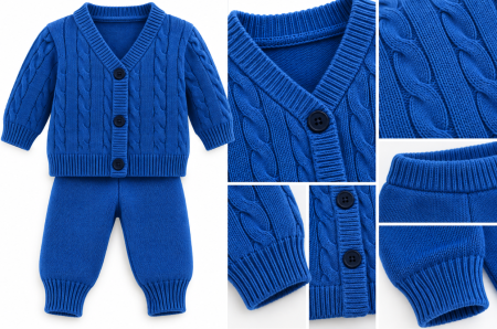 Costum botez - Set tricotat pentru bebeluși, din bumbac, cardigan și pantaloni, Albastru