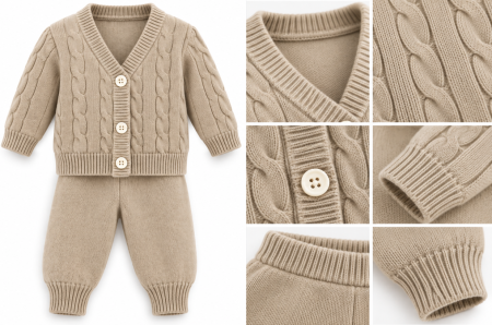 Costum botez - Set tricotat pentru bebeluși, din bumbac, cardigan și pantaloni, Bej