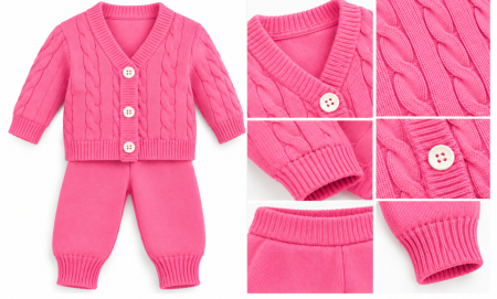 Set nou nascut - Set tricotat pentru bebeluși, din bumbac, cardigan și pantaloni, Burgundy