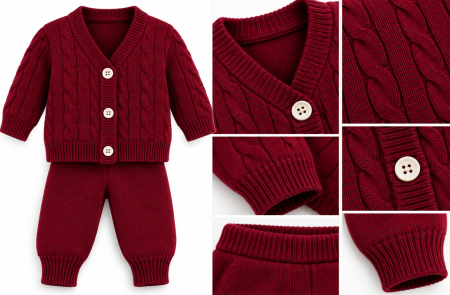 Costum botez - Set tricotat pentru bebeluși, din bumbac, cardigan și pantaloni, Burgundy