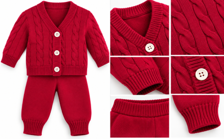 Set nou nascut - Set tricotat pentru bebeluși, din bumbac, cardigan și pantaloni, Burgundy