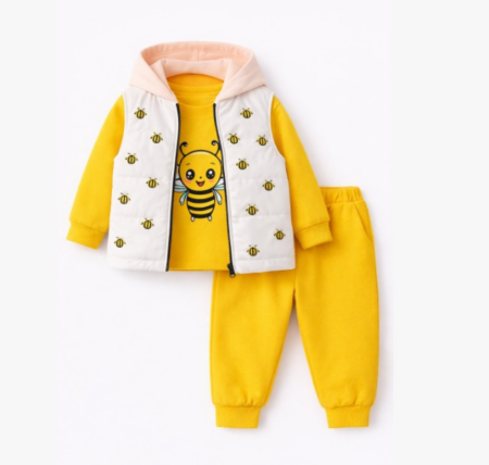 Costumase - Trening copii 3 piese cu vestă alb cu galben, model albinuta