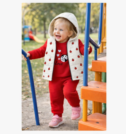 Haine fete - Trening copii 3 piese cu vestă alb cu rosu, model buburuze