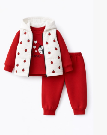 Costumase - Trening copii 3 piese cu vestă alb cu rosu, model buburuze