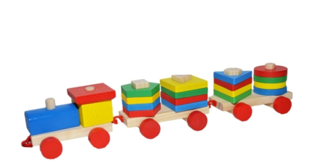 Jucarii tip Montessori - Trenulet Din Lemn, Cu Forme Geometrice, 38 Cm
