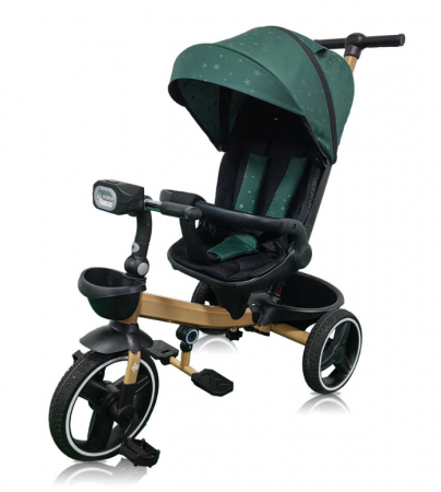 Pentru bebe - Tricicleta cu scaun reversibil Still, 6-36 luni, cu pozitie de somn, roata cauciuc, lumini si muzica, 8 luni-5 ani, Pliabila, Verde stelar