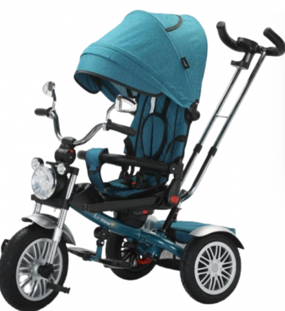 Pentru bebe - Tricicleta cu scaun reversibil Still, 6-36 luni, cu pozitie de somn, roata cauciuc, tip Motocicleta cu far, lumini si muzica, SL03, turcoaz