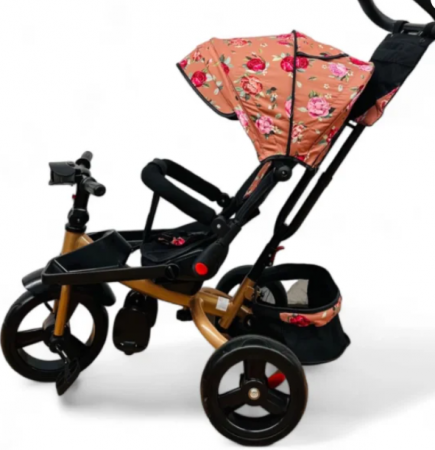 Tricicleta cu scaun reversibil Still, 6-36 luni, cu pozitie de somn, roata plina, Cadru auriu, Floral auriu [4]