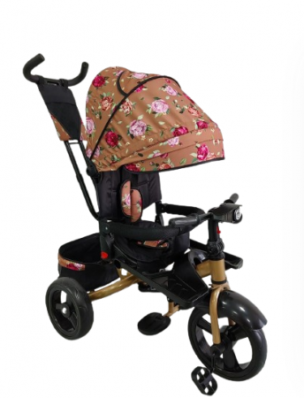 Triciclete - Tricicleta cu scaun reversibil Still, 6-36 luni, cu pozitie de somn, roata plina, Cadru auriu, Floral auriu