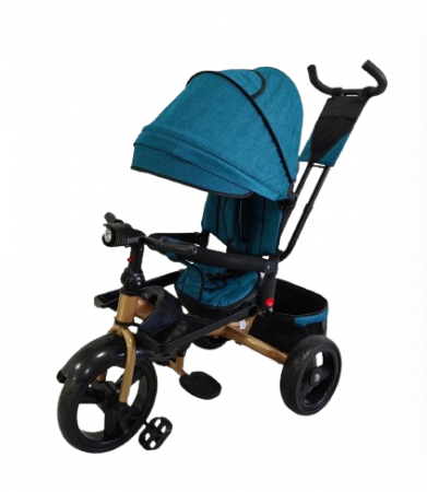 Triciclete - Tricicleta cu scaun reversibil Still, 6-36 luni, cu pozitie de somn, roata plina, Cadru auriu, Turcoaz/Negru