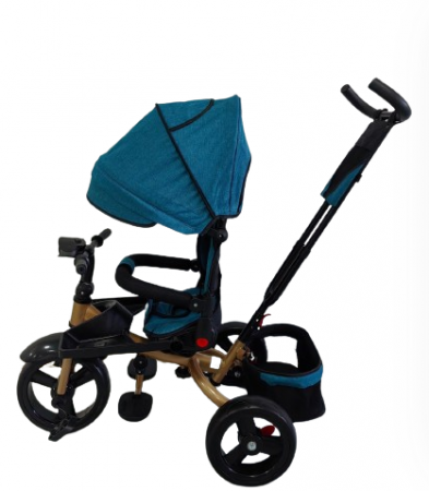 Tricicleta cu scaun reversibil Still, 6-36 luni, cu pozitie de somn, roata plina, Cadru auriu, Turcoaz/Negru [3]