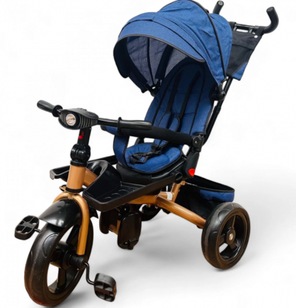 Pentru bebe - Tricicleta cu scaun reversibil Still, de la 6 luni la 5 ani, cu pozitie de somn, roata Eva plina, siliconata, Albastru auriu