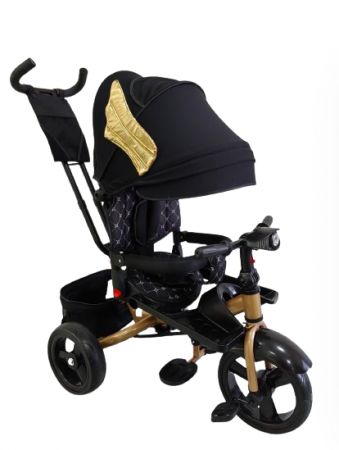 Tricicleta cu scaun reversibil Sun, 6-36 luni, cu pozitie de somn, Bubu-Still, sezut ergonomic tip scoica, roti Cauciuc, Negru auriu [3]