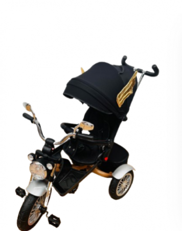 Triciclete - Tricicleta cu scaun reversibil Sun, 6-36 luni, cu pozitie de somn, Bubu-Still, sezut ergonomic tip scoica, roti cauciuc, Negru auriu, Tip motoccicleta