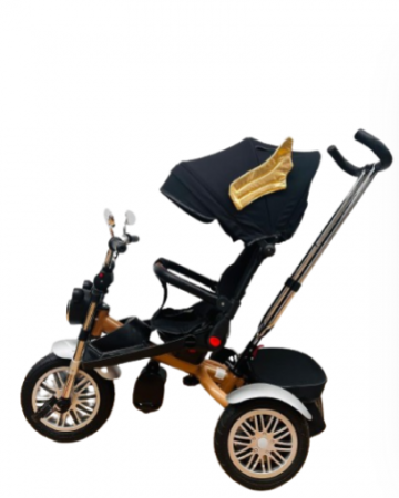 Tricicleta cu scaun reversibil Sun, 6-36 luni, cu pozitie de somn, Bubu-Still, sezut ergonomic tip scoica, roti cauciuc, Negru auriu, Tip motoccicleta [1]