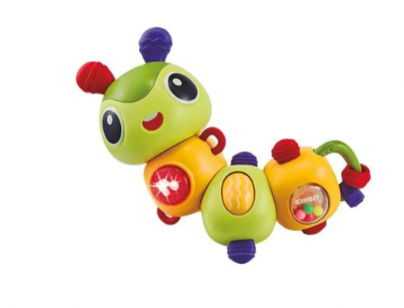 Jucarii tip Montessori - Jucarie interactiva, Omida, rotativa, parti moi dentitie, muzica si lumini, multiarticulata