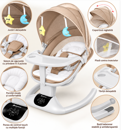 Pentru bebe - Balansoar electric pentru bebeluși, cu copertină, plasă, tavita pentru masa și telecomandă