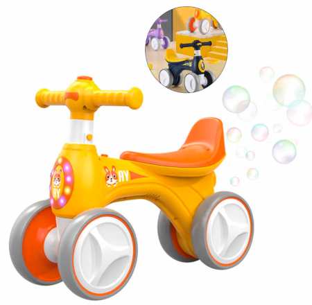 Triciclete - Bicicleta fara pedale, Varsta 1-3 ani, care face balaoane cand merge, cu lumini si muzica, Galben