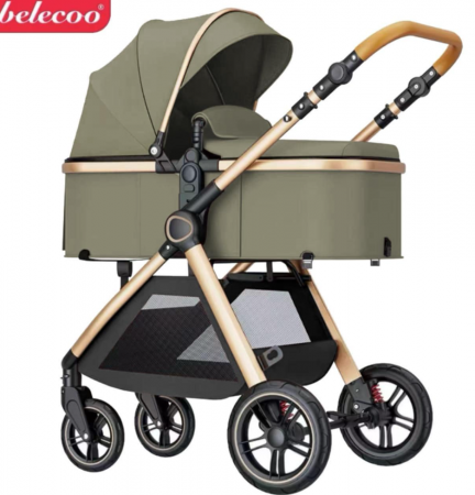 Carucioare - Carucior 2 in 1, Suspensie dubla pe roata, Geanta inclusa, strangere compacta, Belecoo, kaki