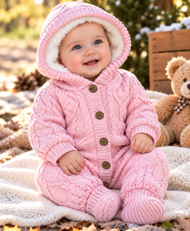 Haine bebe fetite - Combinezon tricotat, pentru bebe, Imblanit integral, Roz