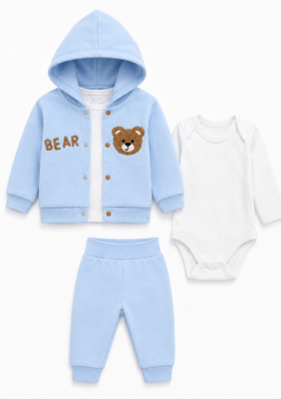 Haine bebe baietei - Compleu 3 piese, cu body, Eu pap fructe, Bleu