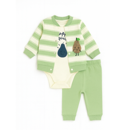Set nou nascut - Compleu 3 piese, cu body, Eu pap fructe, Verde