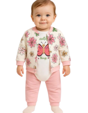 Set nou nascut - Compleu 3 piese, cu body, Fluturasi