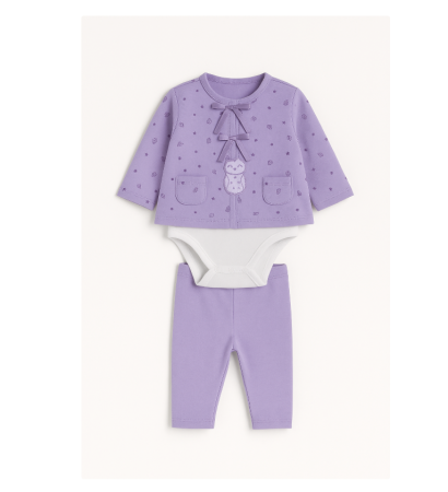 Set nou nascut - Compleu 3 piese, cu body, Iepuras, Mov