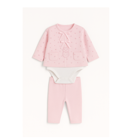 Set nou nascut - Compleu 3 piese, cu body, Iepuras, roz