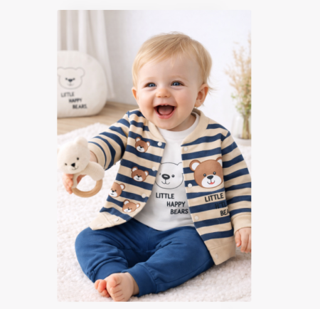 Costumase vara-primavara - Compleu 3 piese, cu body, Ursuleti, Bej