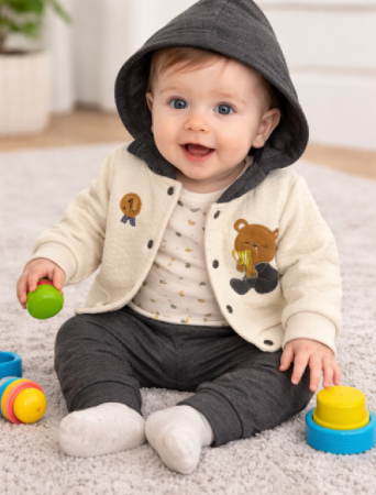 Haine bebe baietei - Compleu 3 piese, cu body, Ursuleti, Bej cu gri, Cu hanorac matlasat