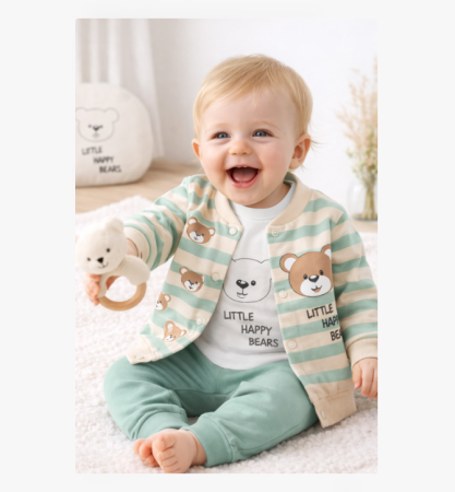 Costumase vara-primavara - Compleu 3 piese, cu body, Ursuleti, Verde