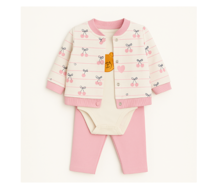 Costumase - Compleu 3 piese, cu body, Ursuletul la cirese, Roz