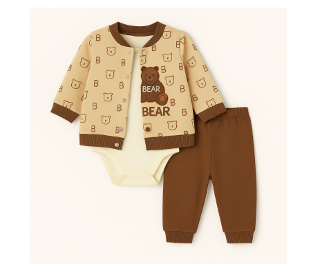 Set nou nascut - Compleu 3 piese, cu body, Ursuletul Somnoros, maro