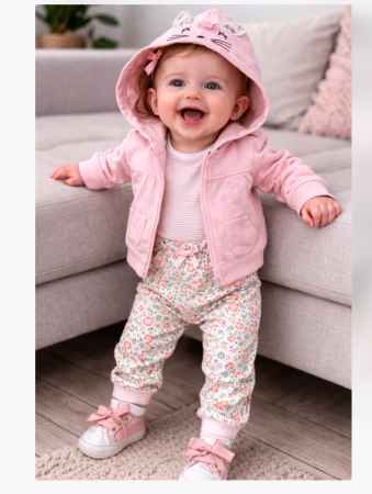 Promotii - Compleu 3 piese, cu gluga, floricele, 9-12 luni