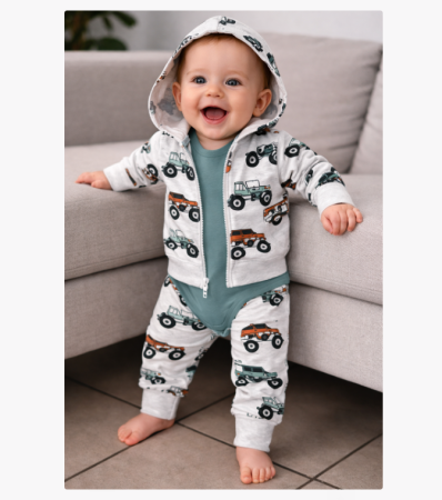 Haine bebe baietei - Compleu 3 piese, cu gluga, Tractorase