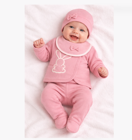 Set nou nascut - Compleu copii, 5 piese, Iepuras brodat, Roz Pudrat